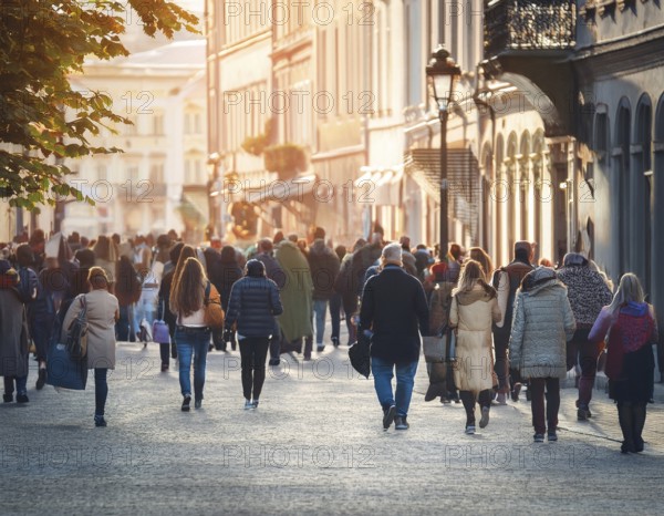 A vibrant urban street captures a diverse crowd enjoying a stroll under the warm sunlight, with beautiful architecture and blooming flower decorations creating a welcoming atmosphere, AI generated