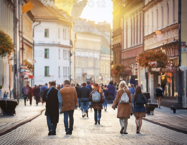 A vibrant urban street captures a diverse crowd enjoying a stroll under the warm sunlight, with beautiful architecture and blooming flower decorations creating a welcoming atmosphere, AI generated