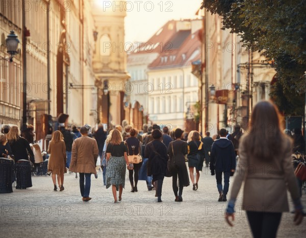A vibrant urban street captures a diverse crowd enjoying a stroll under the warm sunlight, with beautiful architecture and blooming flower decorations creating a welcoming atmosphere, AI generated