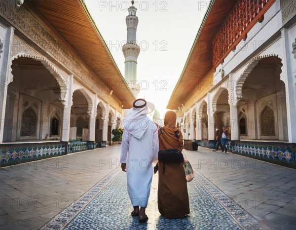 Travelers walk through an scanic architecture and culture of Muslim country, AI generated