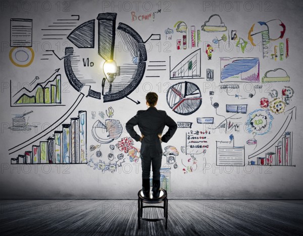 A professional individual stands before a wall filled with business sketches, including colorful charts, diagrams, and brainstorms, symbolizing innovation, planning, and modern strategy development, AI generated