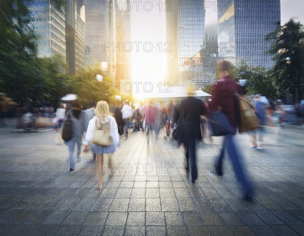 A dynamic scene featuring blurred people walking in a city street surrounded by skyscrapers and natural sunlight, emphasizing urban life, motion, and contemporary architecture, AI generated