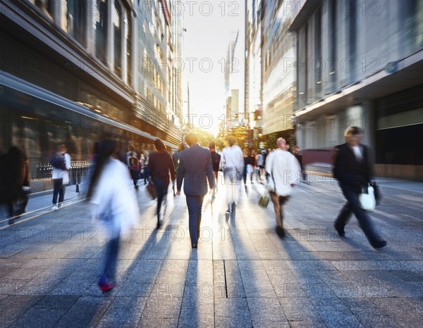 A dynamic scene featuring blurred people walking in a city street surrounded by skyscrapers and natural sunlight, emphasizing urban life, motion, and contemporary architecture, AI generated