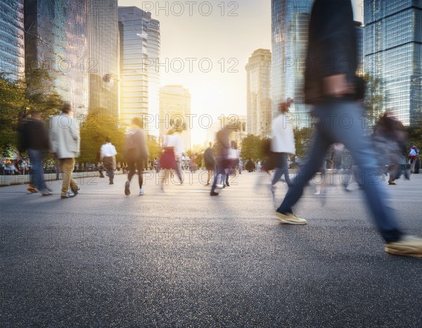A dynamic scene featuring blurred people walking in a city street surrounded by skyscrapers and natural sunlight, emphasizing urban life, motion, and contemporary architecture, AI generated