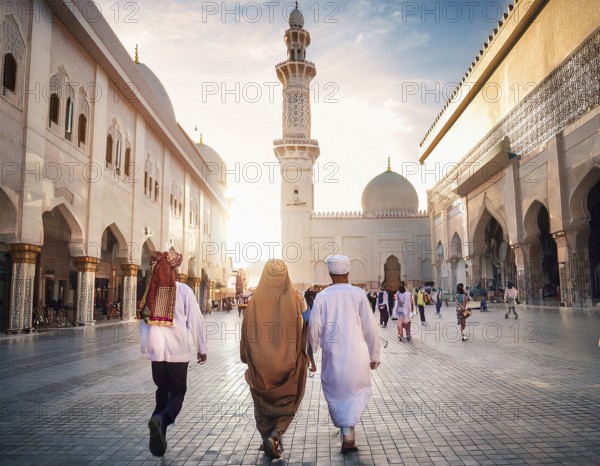 Travelers walk through an scanic architecture and culture of Muslim country, AI generated