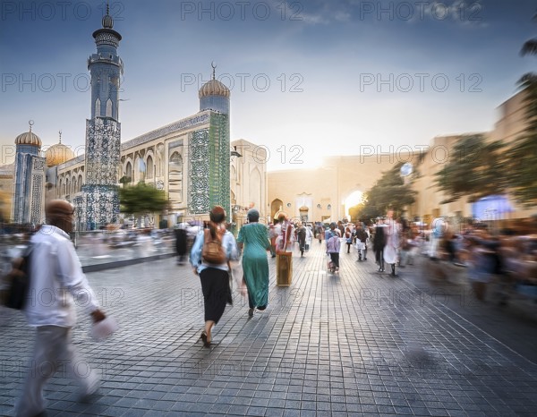 Travelers walk through an scanic architecture and culture of Muslim country, AI generated