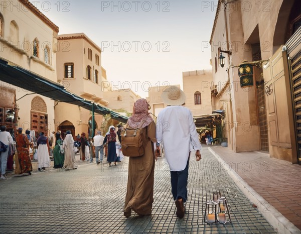 Travelers walk through an scanic architecture and culture of Muslim country, AI generated