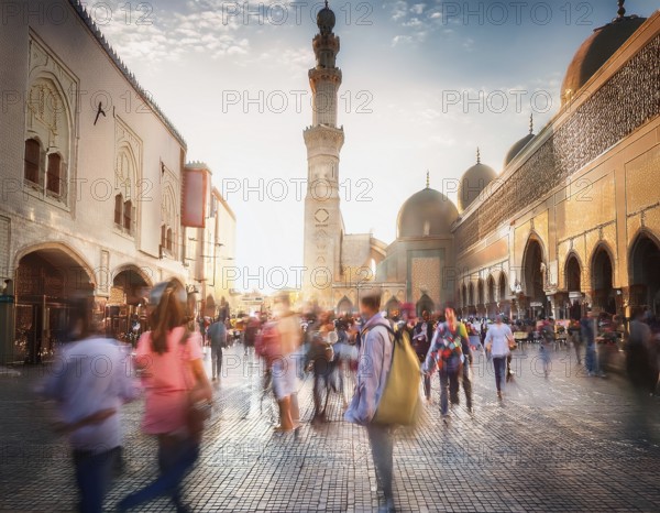 Travelers walk through an scanic architecture and culture of Muslim country, AI generated