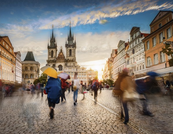 Historical city square with iconic architecture, cobblestone streets, and vibrant motion of pedestrians enjoying the surroundings, AI generated