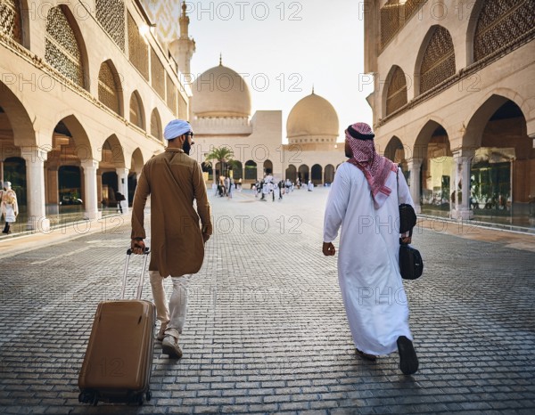 Travelers walk through an scanic architecture and culture of Muslim country, AI generated