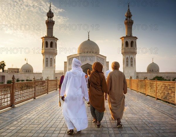 Travelers walk through an scanic architecture and culture of Muslim country, AI generated