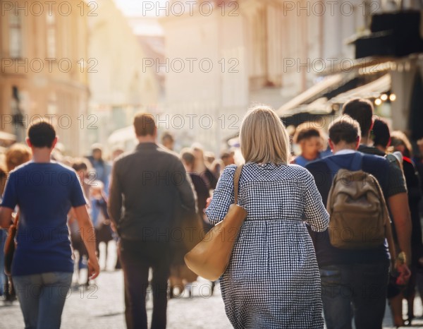 A vibrant urban street captures a diverse crowd enjoying a stroll under the warm sunlight, with beautiful architecture and blooming flower decorations creating a welcoming atmosphere, AI generated