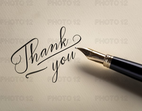 Elegant pen rests alongside a handwritten Thank You card on a wooden surface in soft light. Emphasizing gratitude, personal touch, and communication through traditional methods, AI generated