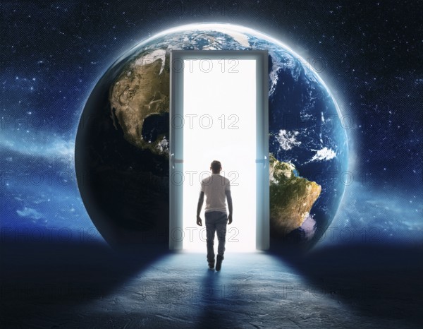 Illuminating image of a man before a radiant doorway, symbolizing exploration, opportunity, and transformation against the backdrop of Earth's grandeur, AI generated