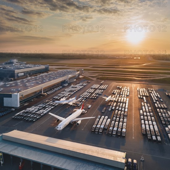 Photograph of airplanes parked at a terminal during sunset, showcasing airport workings under scenic light. Captures logistics and travel industry with striking atmospheric tones, AI generated
