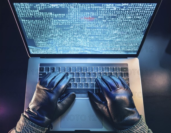 Cybersecurity threat depicted by gloved hands operating a computer, commands displayed on the screen. Represents hacking, data theft, and online crime concepts with a dramatic atmosphere, AI generated