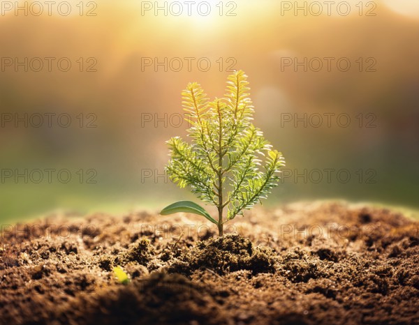 A solitary blossoming tree illuminated by sunlight, planted on natural ground in a rural field during a clear day. Captures the essence of growth, sustainability, and environmental harmony, AI generated