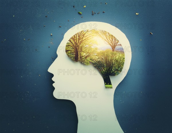 A concept image depicting a human head silhouette filled with scenic nature, symbolizing mental harmony, wellbeing, and connection to the environment. Designed for themes of psychology, creativity, and environmental awareness, AI generated