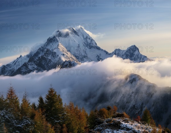 A stunning view of a snowy mountain peak rising above the clouds, with a blue sky background. Capturing a tranquil moment in nature's beauty, evoking feelings of serenity and wonder, AI generated