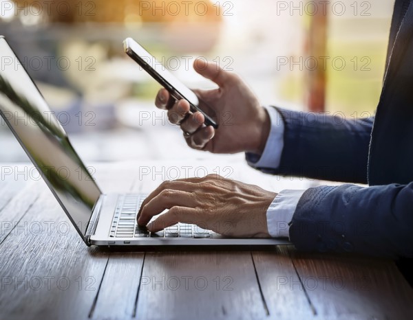A man in a professional office environment multitasking with a smartphone and laptop, conveying productivity, technology integration, and modern working practices, AI generated