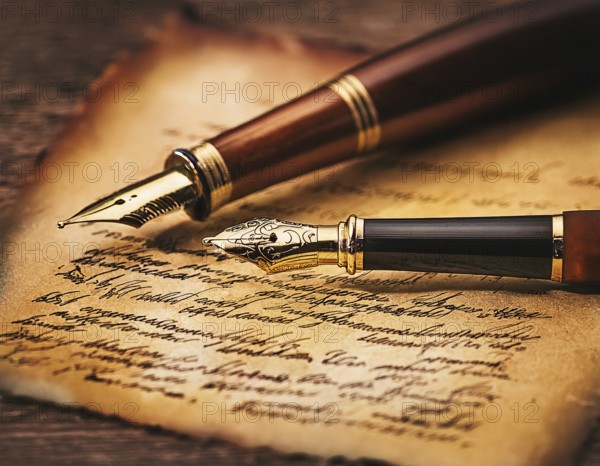 Close-up of a classic fountain pen lying atop old aged paper on a wooden surface, symbolizing timeless writing, creativity, and tradition, AI generated