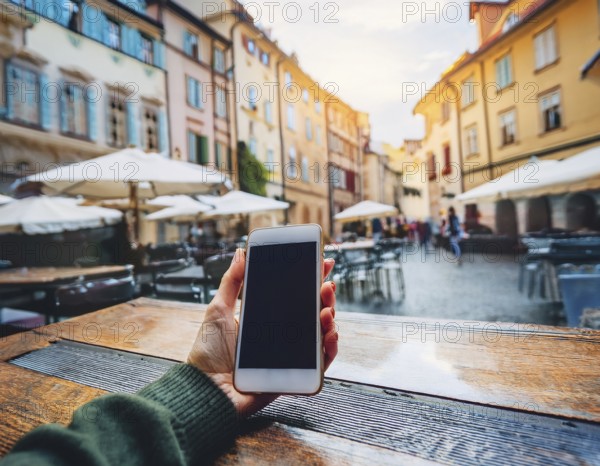 A person holding a smartphone at an outdoor cafe amidst a vibrant and lively urban setting. The image captures a relaxed moment with modern technology interaction and a scenic cityscape, AI generated