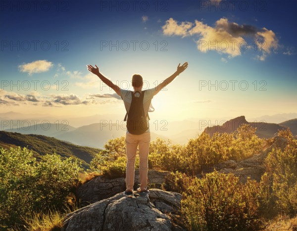 A serene scene of a person on a mountain summit, watching the sunrise over misty valleys, conveys peacefulness and freedom, AI generated