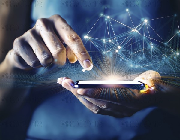 A close-up of a hand using a smartphone with a glowing digital network overlay, illustrating advanced technology, connectivity, and modern device interaction in a conceptual design emphasizing innovation, AI generated