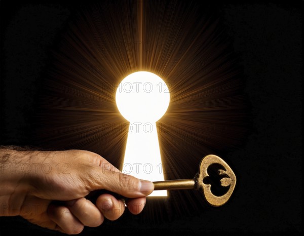 A hand holds an antique key, leading to a bright light in a keyhole shape, symbolizing opportunity, access, and unlocking potential, AI generated