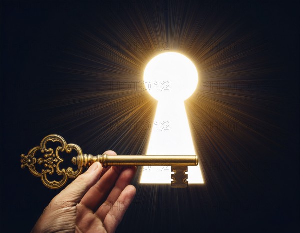 A hand holds an antique key, leading to a bright light in a keyhole shape, symbolizing opportunity, access, and unlocking potential, AI generated