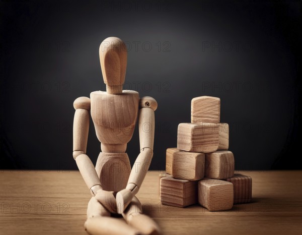 A wooden mannequin seated at a table conveys emotions of stress, thought, and contemplation. Captivating imagery that embodies serene introspection and personal challenges, AI generated