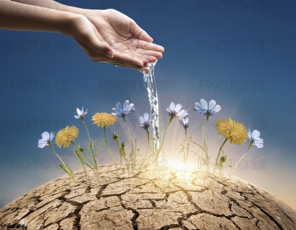 Symbolizing hope and resilience, a flower thrives in a dry desert landscape, nourished by water from supportive hands amidst a barren environment, representing growth despite adverse conditions, AI generated