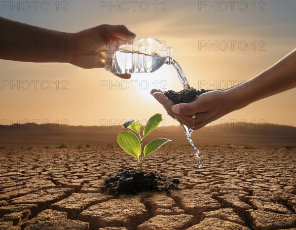 A close-up of hands nurturing a young plant by pouring water, symbolizing hope, growth, and environmental conservation in arid conditions, AI generated