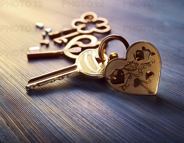 Elegant heart-shaped locket and intricate key on textured surface, surrounded by glowing hearts. An ideal symbol of love, romance, and heartfelt connections making it perfect for Valentine's themes, AI generated