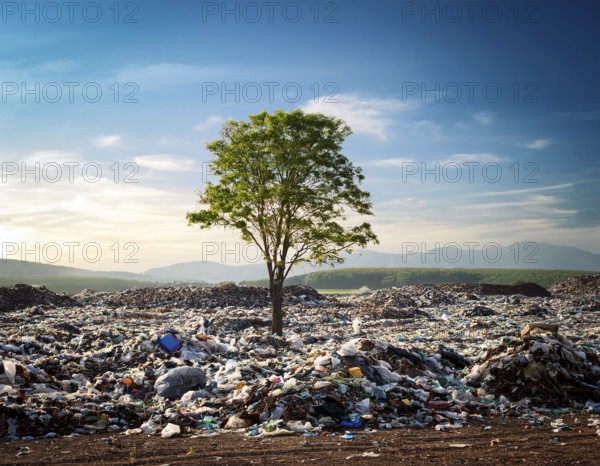 A solitary green tree amidst a landscape filled with trash and waste, symbolizing environmental degradation and the need for conservation efforts. Captures contrast between nature's beauty and human-made pollution, AI generated