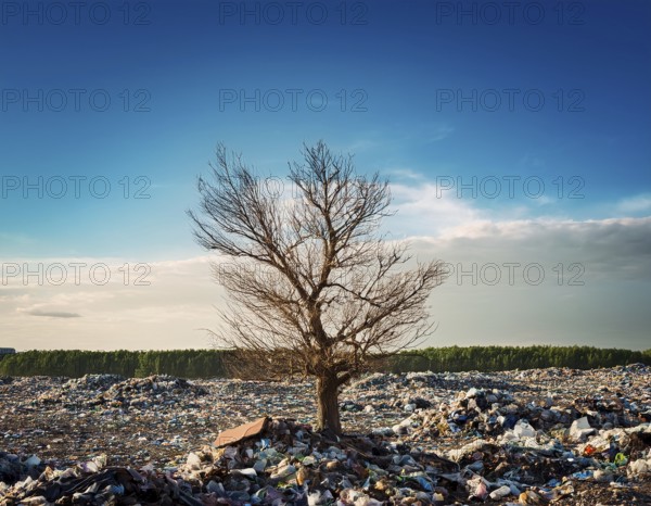 A solitary green tree amidst a landscape filled with trash and waste, symbolizing environmental degradation and the need for conservation efforts. Captures contrast between nature's beauty and human-made pollution, AI generated