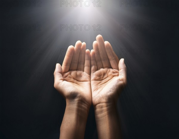 Individual Worship at Home. Image of open hands embracing a radiant light source, embodying concepts of hope, spirituality, and inspiration. and religion, AI generated