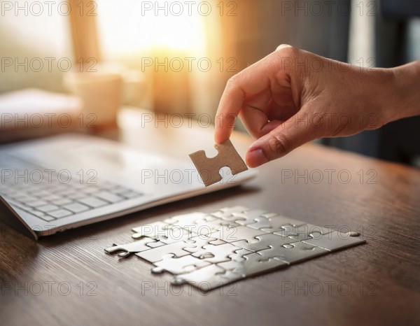 A person's hand placing a puzzle piece on a reflective surface in an office setting as the sun sets, symbolizing problem-solving, teamwork, and decision-making in corporate environments, AI generated