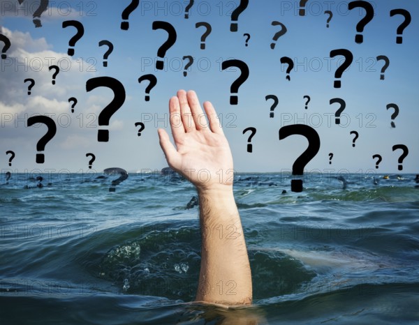 An extended hand emerges from water surrounded by floating question marks, artistically representing ambiguity, seeking answers, or a metaphorical call for help in a conceptual perspective, AI generated