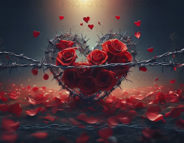 A symbolic depiction of a red heart entwined in barbed wire, embodying themes of emotional conflict and love under challenging circumstances, AI generated