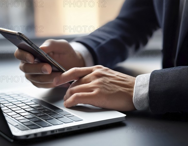 A man in a professional office environment multitasking with a smartphone and laptop, conveying productivity, technology integration, and modern working practices, AI generated