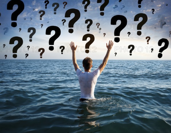 An extended hand emerges from water surrounded by floating question marks, artistically representing ambiguity, seeking answers, or a metaphorical call for help in a conceptual perspective, AI generated
