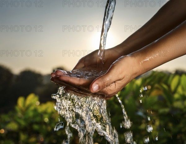 A pair of human hands collecting fresh water flowing from a source, surrounded by grassy landscape, illuminated by natural sunlight, symbolizing cleanliness, environmental protection, and the vitality of nature, AI generated