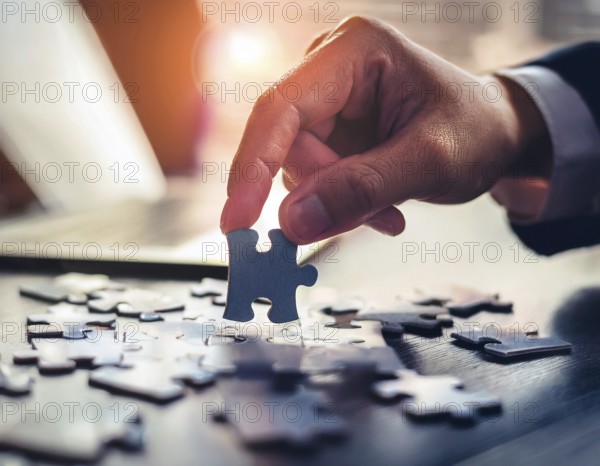 A person's hand placing a puzzle piece on a reflective surface in an office setting as the sun sets, symbolizing problem-solving, teamwork, and decision-making in corporate environments, AI generated