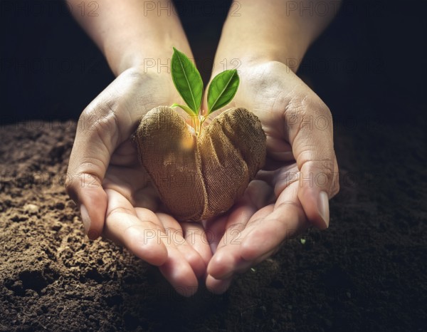 Hands gently cradle soil with a heart-shaped tree, symbolizing environmental care, growth, and love, AI generated