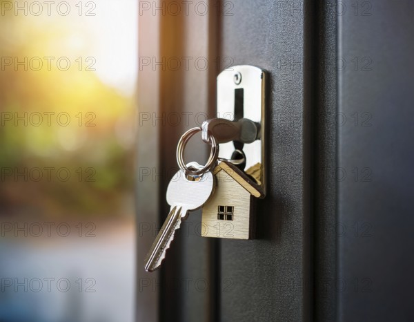 A key with a house-shaped keychain inserted into a keyhole, symbolizing home security and property concepts, AI generated