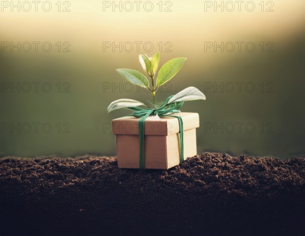 Small Gift Box With Growing Plant Symbolizing Growth and Sustainability, AI generated