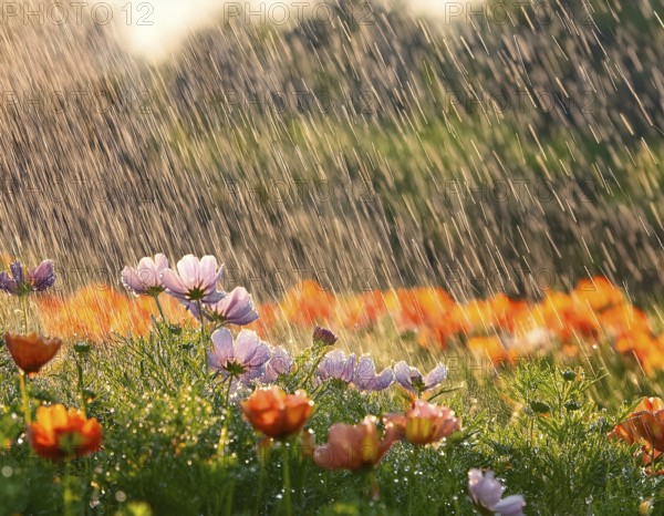 Colorful wildflowers bloom vibrantly under a gently falling rain, creating a serene natural scene enhanced with sunlight and rich textures, emphasizing the beauty of nature's resilience and tranquility, AI generated