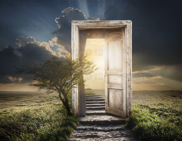 Glowing door is a portal to another world. Mysterious door with glowing light, AI generated