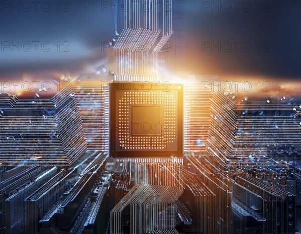 A close-up view of a glowing central processing unit on a bluish circuit board, representing technological advancements and computing innovation, AI generated